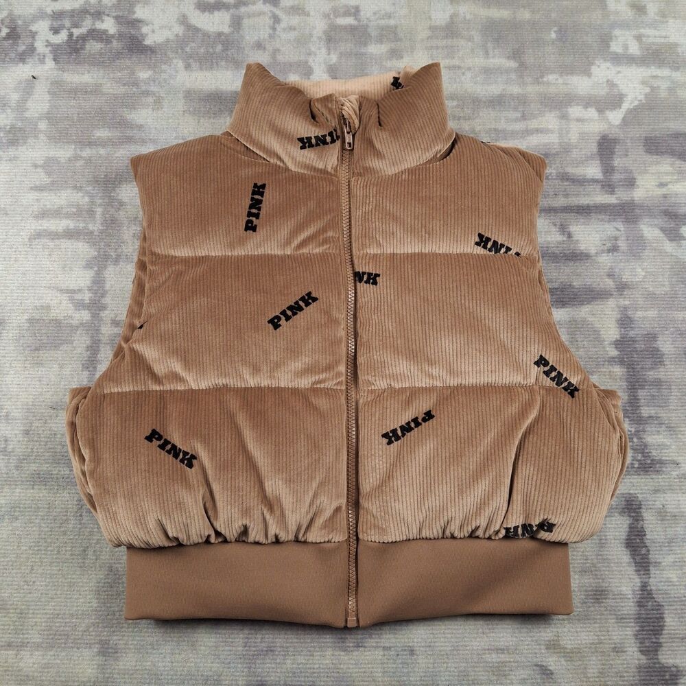 PINK Victoria's Secret Corduroy Puffer Vest Brown Logo Print Full Zip Med